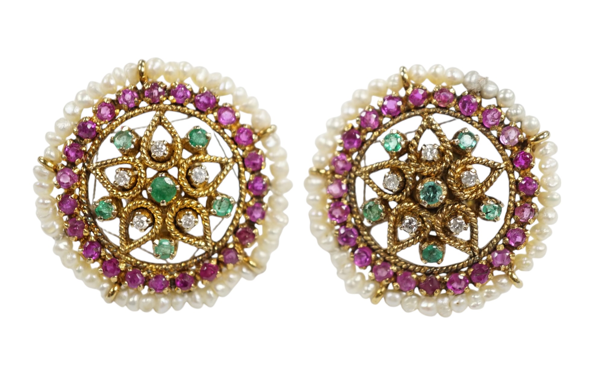 A pair of 20th century Indian yellow metal and multi gem set disc shaped earrings, 22mm. Condition - fair